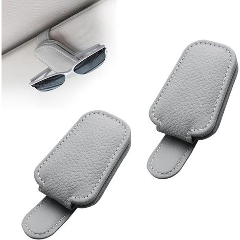 Portaocchiali da auto – Supporto in pelle per aletta parasole – Clip per occhiali per camion, SUV e interni auto (Grigio, confezione da 2) (1/4)