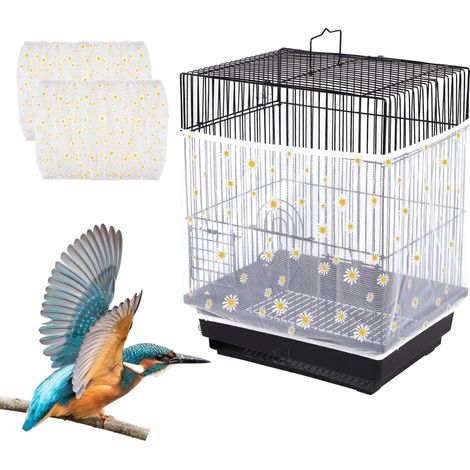 Housse de cage pour oiseaux universelle en maille, filet de protection anti-projections ajustable pour cage d'oiseau, motif marguerites, lot de 2 (1/5)