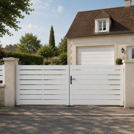 Portail battant manuel PVC blanc structure renforcée H 140 x L 400 cm ajouré LYON (1/5)