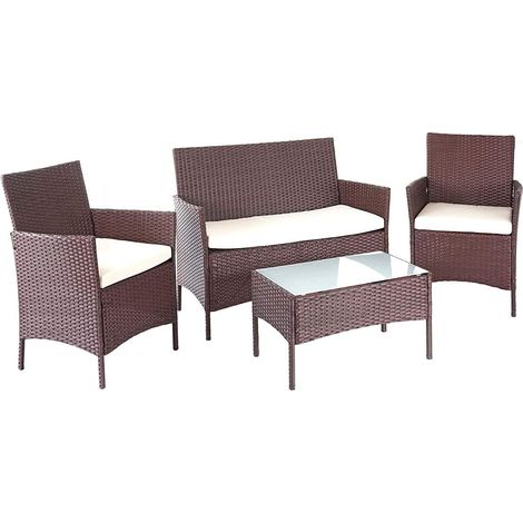 Set di mobili da giardino con poltrone panca e tavolo in polyrattan marrone e cuscini color crema MDJ04146