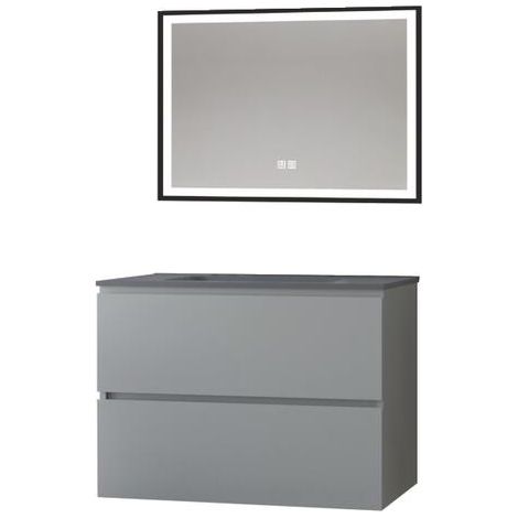 ONDEE - Mueble de baño TRENDY - 80 cm - Gris mate - 2 Cajones - Tapa negra + espejo SELENA