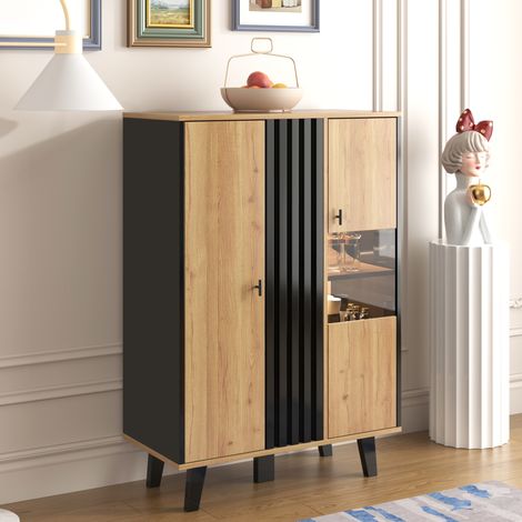 Vitrine 80x120x40 cm en panneaux de bois noir et bois, avec LED et rangement pour salon FloraGrace (1/5)