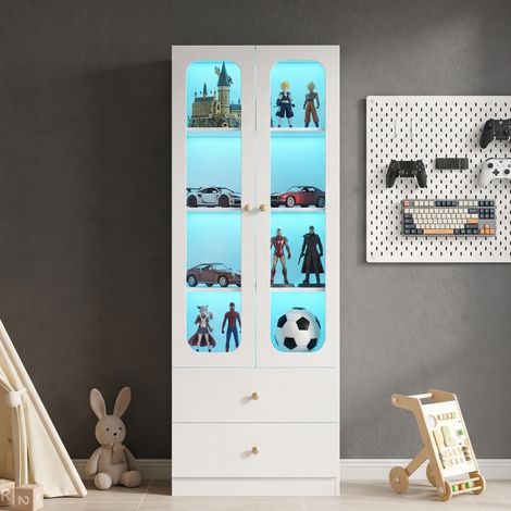 Vetrinetta in vetro con led rgb - 60x35x170 cm - mobile espositore da soggiorno con 4 ripiani e 2 cassetti maniglie dorate - bianco (1/5)