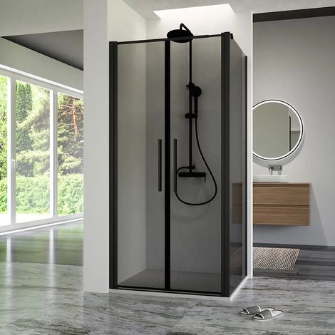 Cabine de douche 70 x 90 cm avec ouverture saloon et paroi fixe profilés noir mat et verre fumé 6 mm h195 Elba (1/4)