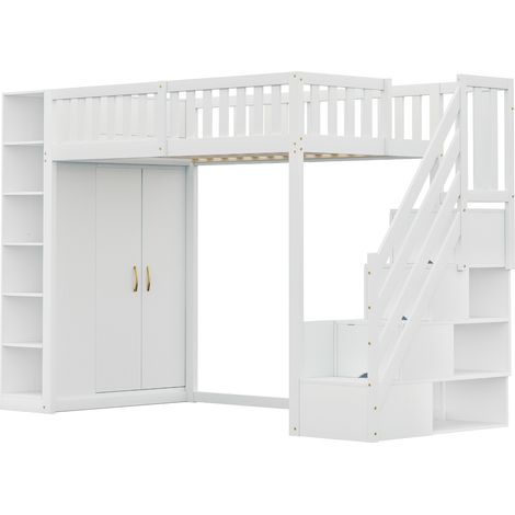 Lit mezzanine multifonctionnel 90x200 cm avec étagères, placard de rangement et grande armoire, échelle de sécurité avec compartiments de rangement, blanc (1/5)