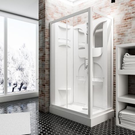 Cabine de douche intégrale 120 x 80 x 210 cm, cabine de douche complète Schulte, verre de sécurité transparent 5 mm, face arrière et profilés blancs Malta