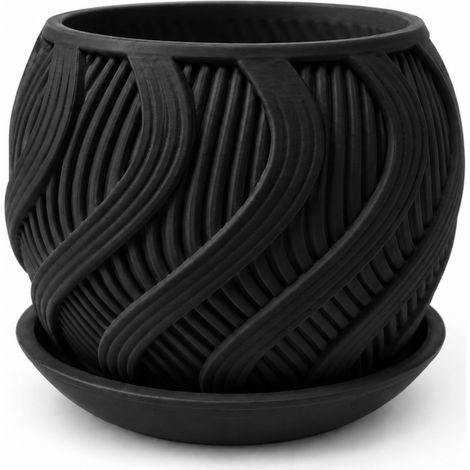 Pot de fleurs noir ondulé avec une soucoupe décorative moderne (1/3)