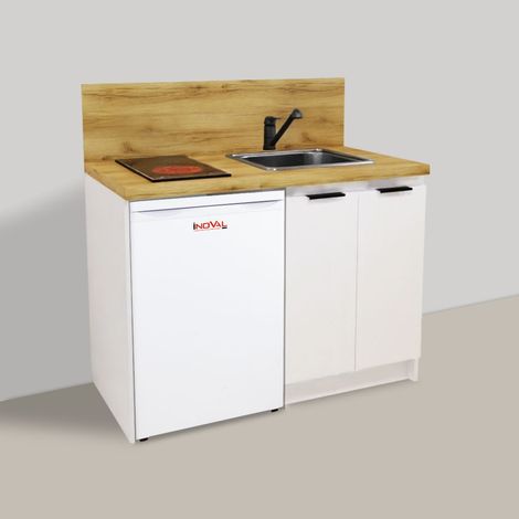 Inoval – Kitchenette blanche 120cm – Meuble bas mélaminé 16mm – Plaque vitrocéramique 3000W – Réfrigérateur table top 86L – Évier inox 48cm (1/4)