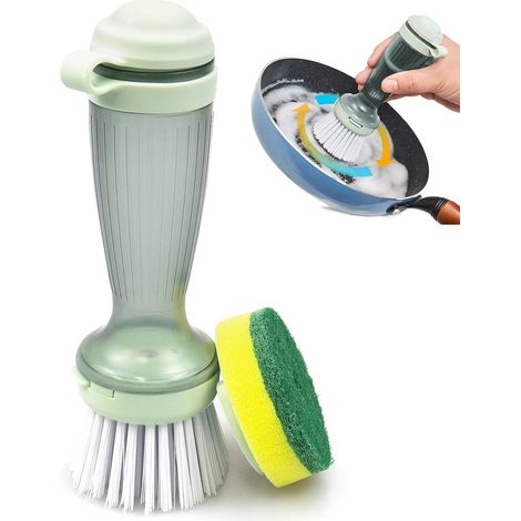Brosse à vaisselle avec doseur pour détergent multi-usages avec valve doseuse, deux têtes interchangeables pour bassin, évier (1/5)