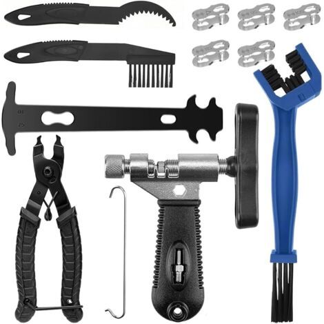 Kit de dérive-chaîne de vélo, outil de chaîne de vélo avec pince à cadenas, brosse de nettoyage, pince à chaîne et 5 paires de rivets de chaîne de vélo Kit de réparation pour chaîne de vélo 6 à 12 (1/5)