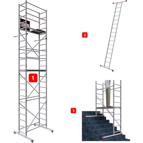 AluCombine 3.0 - 700, Arbeitshöhe 7m, Leiterngerüst mit Traverse, 4x Laufrollen & Wandanker