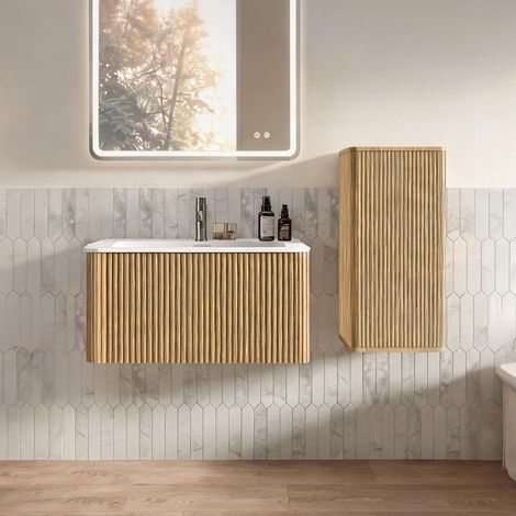 Ensemble vasque et meuble colonne suspendu en chêne 80 cm oak (1/5)