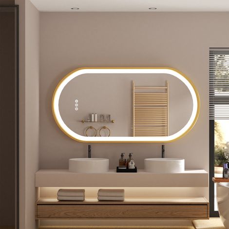 Gold Aluminium Alloy Frame Illuminated LED Bathroom Mirror Living Room Wall Mirror, Oval 1200x600mm (1/5)