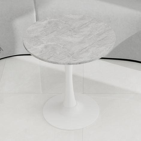Table basse blanche 27,6 pouces style mid-century,plateau rond marbre gris clair veiné pour 2 à 4 personnes.