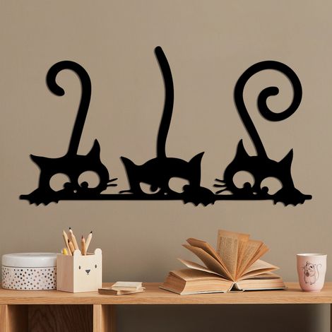 Decoración de pared de metal negro, silueta de gato, 60 x 33 cm, para habitación infantil o sala de estar familiar. (1/5)
