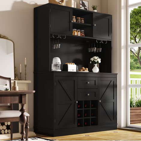 Aparador de cocina 120x40x188 cm negro en MDF con estantes ajustables y botellero (1/5)
