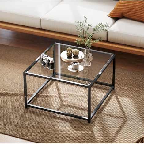 Mesa de centro 68x68x39 cm, estilo industrial, tablero de vidrio templado, estructura de acero, negro (1/5)