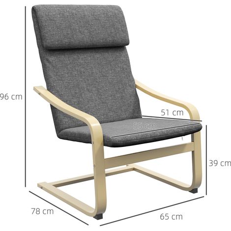 Fauteuil relaxant avec coussin de tête, chaise berçante et fauteuil de salon en lin gris foncé, bois de bouleau, 66,5x80x99cm, pour séjour et détente. (1/5)