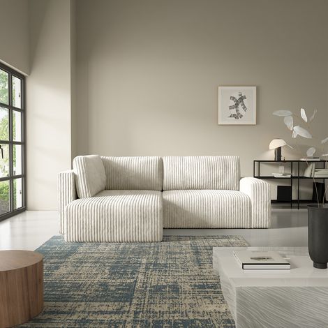 Ecksofa links umwandelbar 4-Sitzer mit Truhe und Armlehnen Angela Off-White