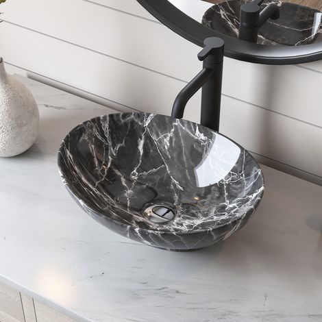 Aufsatzwaschbecken DeerValley DV-1V0089 – Ovale Keramikwaschbecken, Ei-Form, 40,6 x 33 cm, mit Marmor-Grau-Finish (1/5)