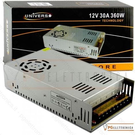 ALIMENTATORE METALLICO STABILIZZATO SWITCHING CON TRIMMER DC 12V 30A 360 WATT PER ILLUMINAZIONE E SISTEMI DI VIDEOSORVEGLIANZA CCTV