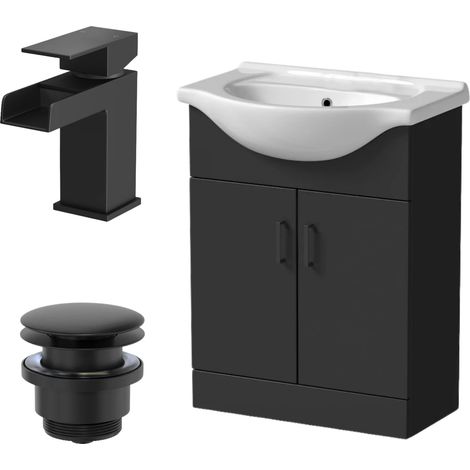 650mm Matt Black Bathroom Vanity Unit Freestanding Black Waterfall Tap & Waste (1/5)
