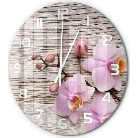 Horloge Murale Ronde en Verre Mouvement Silencieux Quartz Design Moderne Orchidée sur bois fi 60 cm (1/5)