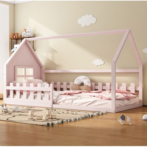 lit enfant lit chambre maison 90x200 pin rose OKMYHOME (1/5)