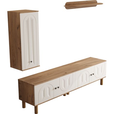Ensemble mural TV 3 pièces avec panneaux sculptés, bois et blanc (1/5)