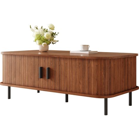 CHICFURN Tavolino da caffè con contenitore 120x55 cm in MDF noce, 2 ante scorrevoli (1/5)
