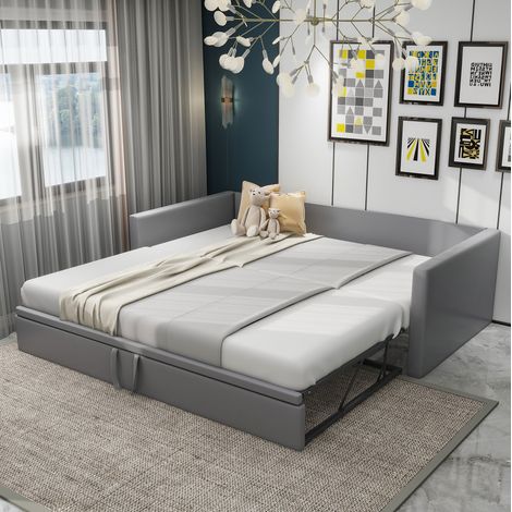 Bett Schlafsofa gepolstert 90x200/180x200 cm grau, ausziehbar, mit Kopfteil, Armlehnen und Lattenrost (1/5)