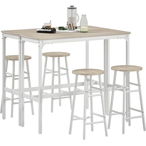 HOMCOM conjunto de 2 mesas altas de bar con 4 taburetes mesas altas de cocina con taburetes marco de acero estilo industrial natural y blanco (1/5)