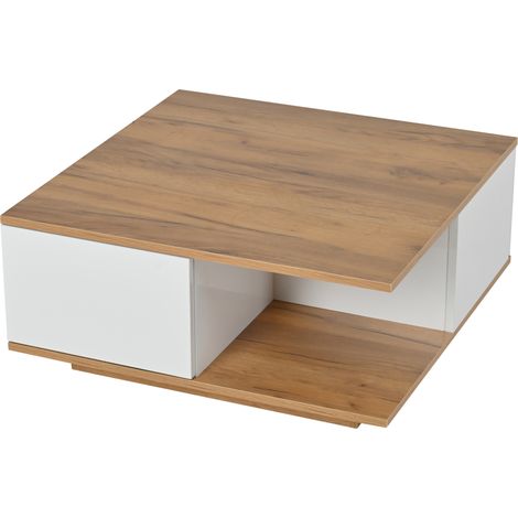 Tavolino da caffè quadrato 70 x 70 x 31,5 cm con 3 cassetti e vano aperto, bianco e effetto legno (1/5)