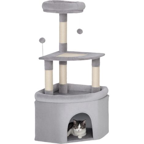 Arbre à chat tour de jeux pour chats griffoirs sisal, plate-forme, niche, tissu peluche, balles, 49x49x114cm gris clair