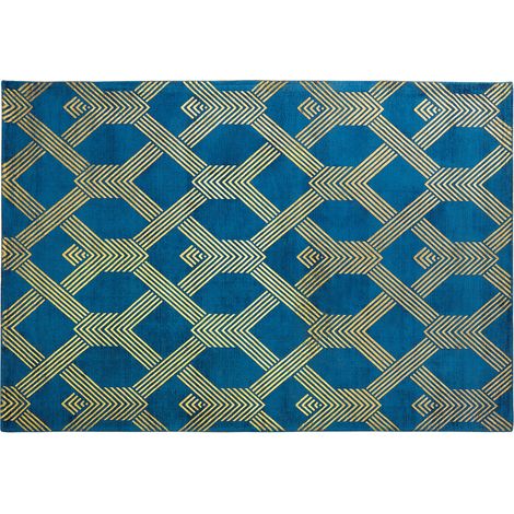 Alfombra azul de viscosa con estampado geométrico dorado con algodón 160 x 230 cm estilo glamour moderno Vekse (1/5)