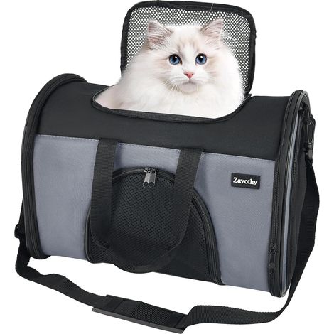 Sac Transport Chat Chien, Sac Transport Respirant et Pliable, Caisse de Transport Chat avec Bandoulière Réglable, Matelas en Peluche Amovible, S, Gris (1/5)