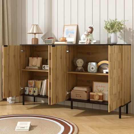 Buffet en mosaïque,meuble à deux portes,meuble de rangement à l’aspect bois,panneau en clapés,pieds métalliques,pour le salon et le couloir (1/5)