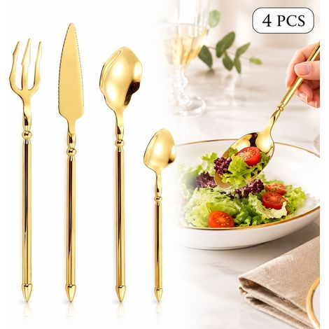 Set de couverts dorés 4 pièces : fourchette, couteau, cuillère en acier inoxydable, adapté au dressage de table occidental. (1/5)