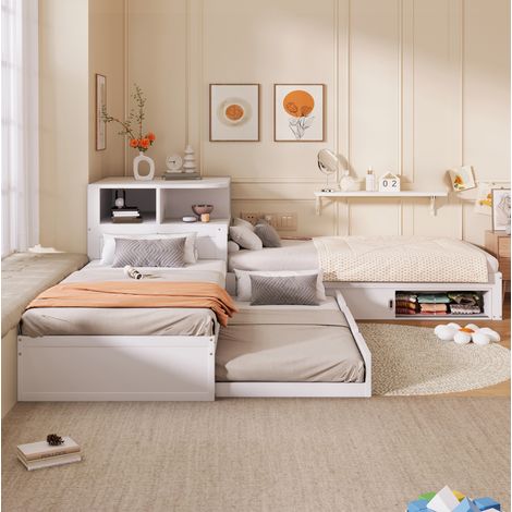 Letto singolo 90x200 cm bianco in pino e MDF con letto estraibile, ante scorrevoli e luce LED (1/5)