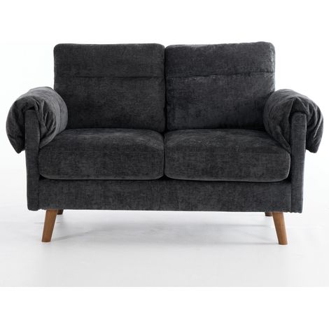 Canapé 2 places compact en chenille noir, petit canapé milieu de siècle avec tissu doux et moelleux, coussins rembourrés et pieds en faux bois, fauteuil gain de place pour salon, chambre, appartement, (1/5)
