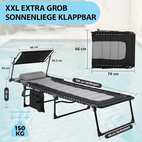 200 × 66 cm sdraio pieghevole con tetto, sedia a sdraio imbottita con schienale regolabile in 5 posizioni, lettino da giardino extra grande fino a 150 kg, pieghevole Grigio-Nero (1/5)