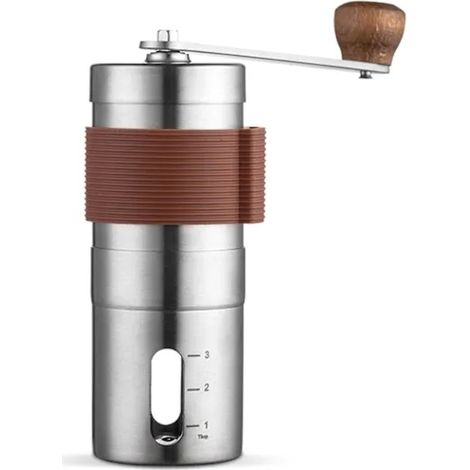 Moulin à café manuel avec meule en céramique, mouture réglable, corps en acier inoxydable, support en bois, durable, portable et lavable pour la maison et le camping (1/5)