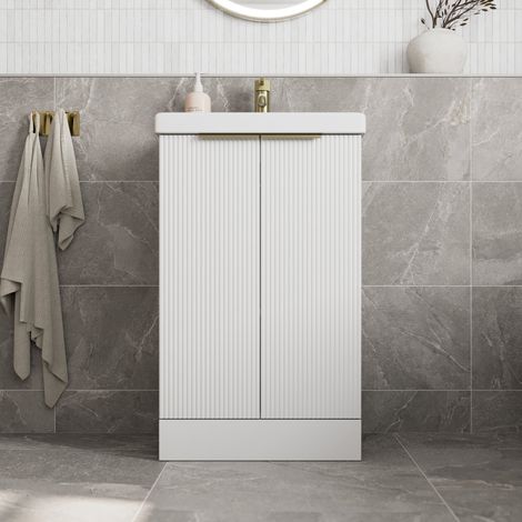 Fluted 500mm Bathroom Vanity Unit Basin Floorstanding Cupboard Soft Close White (1/5)