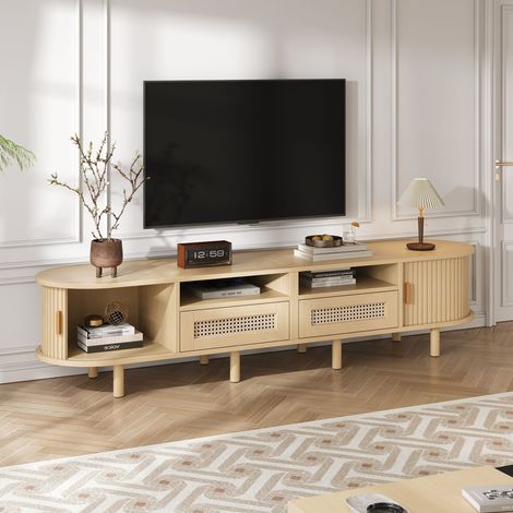 Mobile TV con 2 Cassetti e 2 Ante Scorrevoli, Piano Ovale, in MDF, Rovere Chiaro, 170 x 40 x 40 cm (1/5)