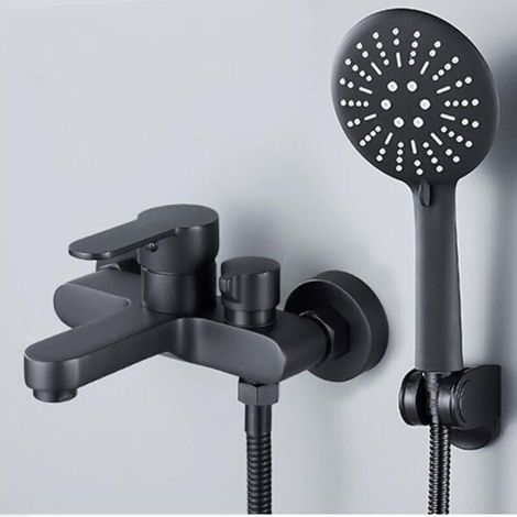 Schwarze Badewannenarmatur mit 3-Strahl-Handbrause – Wandmontierte Duscharmatur – Einhebelmischer für Badewanne mit Halterung und Brauseschlauch (1/4)