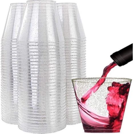 50 Pièces Paillettes D'argent Tasses en Plastique, WOVTE 270ml Coupes à Dessert Rondes Coupe Apéritif Parfait Clair Gobelets (1/4)