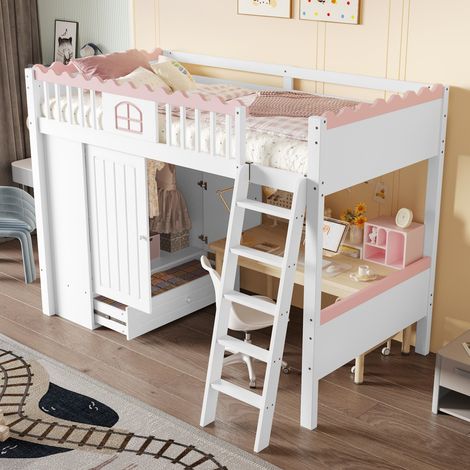 Lit mezzanine enfant 90x200 avec armoire, lit simple tiroir & LED - Pin - Blanc - Certifié EN747 - (Sans matelas) (1/5)