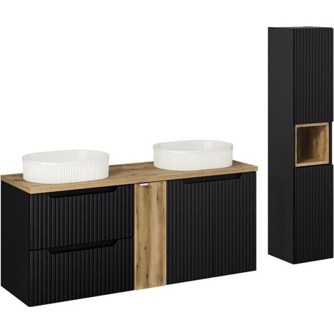 Ensemble Meuble Salle de Bain 140 cm + 2 Vasques à poser + Plateau + Colonne - 3 portes + 2 tiroirs - Astral Black - Livraison gratuite (1/5)