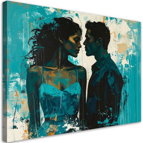 Toile Imprimée, Silhouettes d'amoureux dans une composition turquoise et or,30x20 (1/4)
