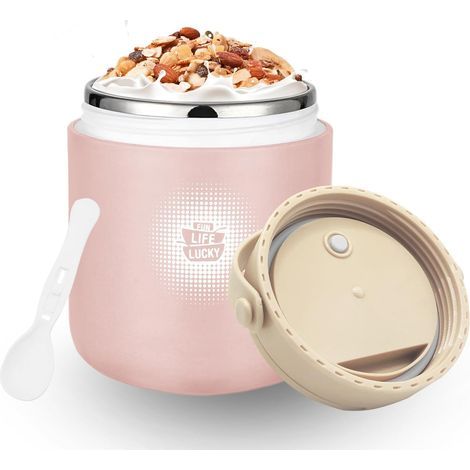 Insulated Food Container - Stainless Steel Insulated Yogurt Cup - 430ml - Leak Proof - with Spoon and Lid - Ideal for Soups, Dishes, Cereals (1 Pink) (1/5)